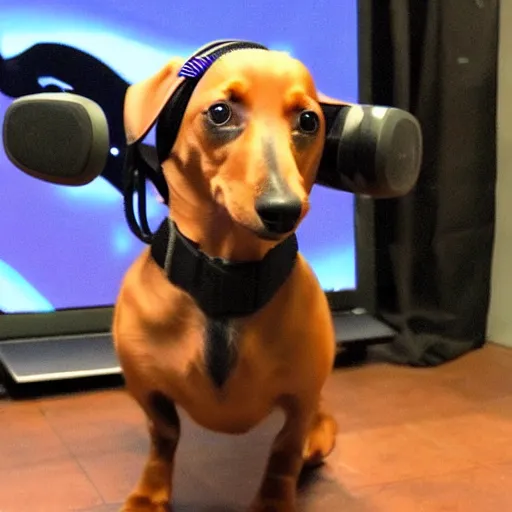 Image similar to dachshund dog wearing vr headset and htc vive trackers recording motion capture