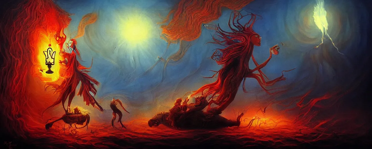Image similar to personified emotion and thought creatures repressed in the depths unconscious of the psyche lead by baba yaga, about to rip through and escape in a extraordinary revolution, dramatic fiery lighting, surreal painting by ronny khalil