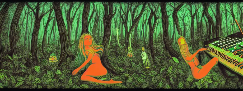 Image similar to a technogaianist long-haired blonde digital musician playing modular synthesizer in the forest, technology and nature in harmony, postmodern surrealist psychedelic concert poster, grainy, hand drawn matte painting by Tara McPherson and Gary Houston, smooth, sharp focus, extremely detailed.