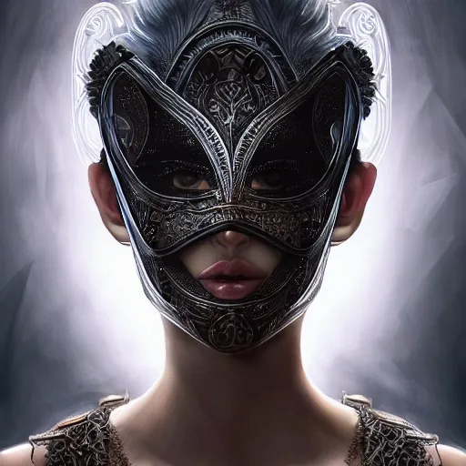 Image similar to Very very very very highly detailed epic photo of face with venetian mask, intricate, dystopian, sci-fi, extremely detailed, digital painting, artstation, concept art, smooth, sharp focus, illustration, intimidating lighting, incredible art by Artgerm