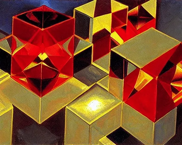 Image similar to painting by john singer sargent. hypercubes, tesseracts, three dimensional shadows of higher dimensional objects. diamonds and gold and bright red streaks of light. john singer sargent art style