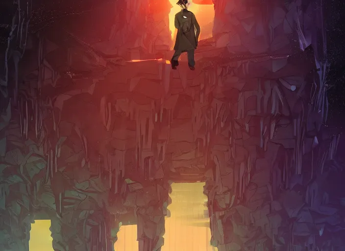 Image similar to comic book art of a [ man ] in trenchcoat with ( glowing ) [ gloves ] and [ boots ] crossing a [ old ] bridge in a [ jungle ] looking up at a [ mountain ] made of crystalized rock, a [ glowing tower ] extends into the sky, low angle, artstation illustration, elegant, arcane by tim doyle