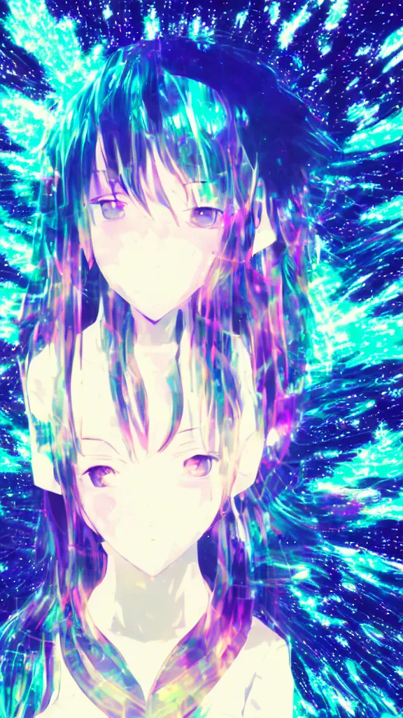 Image similar to Anime girl, glitchy, glitch art, Chromatic aberration, girl in white dress , halo over her head, nobody knows the future