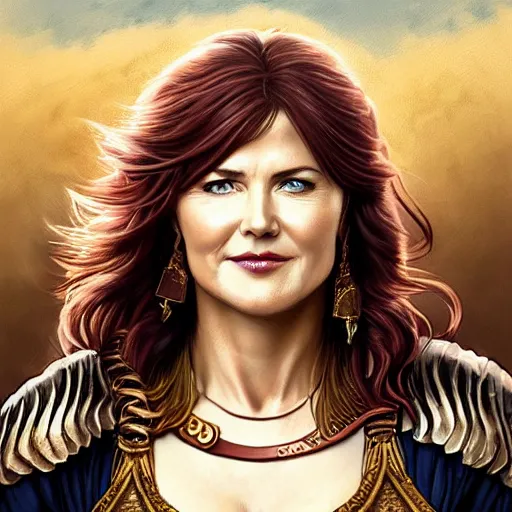 Prompt: portrait of Lucy Lawless as a warrior woman, looking at camera, D&D, intricate, elegant, stylish, cute smile, mouth slightly open, fantasy, extremely detailed, digital painting, artstation, concept art, smooth, sharp focus, illustration, stunning lighting, art by artgerm and greg rutkowski and alphonse mucha and simon stalenhag.