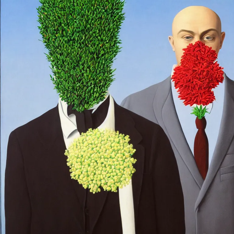 Image similar to portrait of man in a suit that has flowers hiding his head by rene magritte, detailed painting, hd, hq, high resolution, high detail, 4 k, 8 k