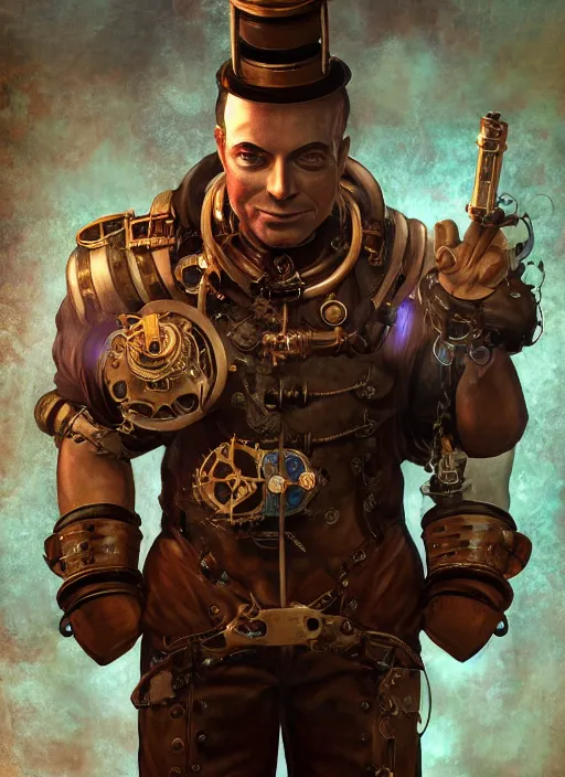 Image similar to steampunk bioshock jeff bezos is a muscular bodybuilder, au naturel, hyper detailed, digital art, trending in artstation, cinematic lighting, studio quality, smooth render, unreal engine 5 rendered, octane rendered, art style by klimt and nixeu and ian sprigger and wlop and krenz cushart.