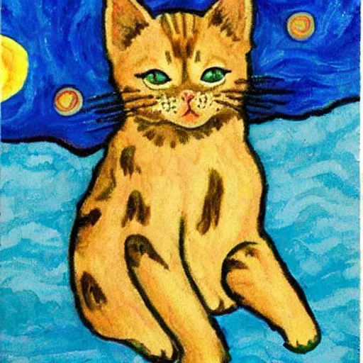 Prompt: kittens van goh style staring at moon in van goh a starry night