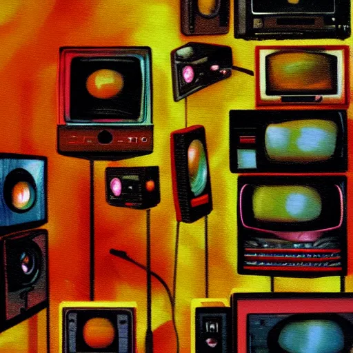 Image similar to array of crt televisions made out of fur, tv static, blob, antenna, stacked, polaroid, steroids, adult video store, impressionist painting, painting, acrylic painting, cell shaded