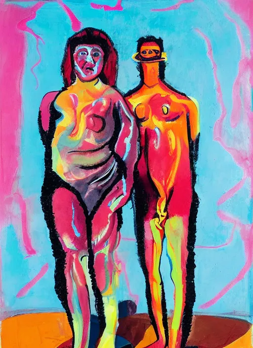 Prompt: clode up portrait man in black and girl in sport shorts, grotesque, doomed, acrylic paint, gouache on canvas, vibrant colors, grotesque, wrapped thermal background, art francis bacon