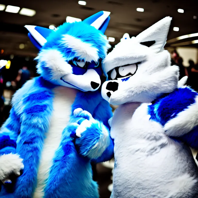 Prompt: photo of a fursuiter ( chubby dragon ) ( blue + white fur ) posing | | fullbody fursuiter photoshoot, photo portrait of a cute roguish male furry fursuiter ( tail attached ), key visual, taken at anthrocon ( furry convention )