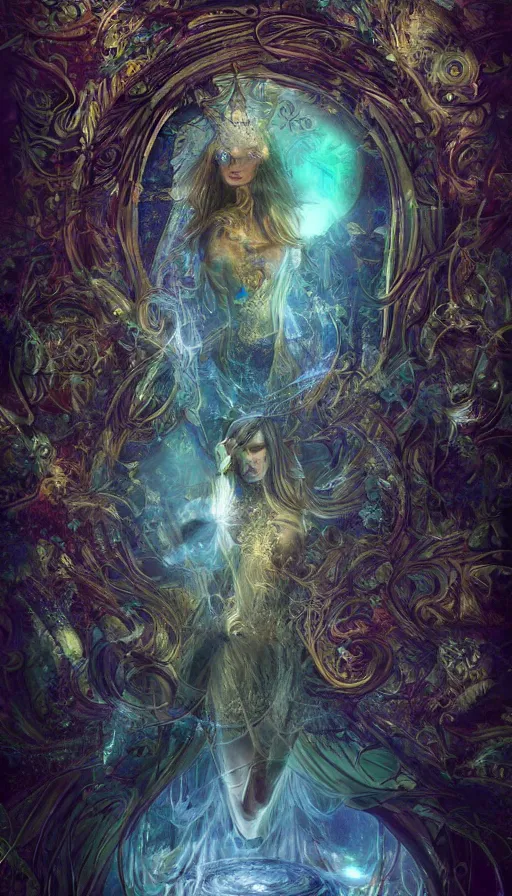 Prompt: goddess of illusion, beautiful, stunning, breathtaking, mirrors, glass, magic circle, magic doorway, fantasy, mist, bioluminescence, hyper - realistic, unreal engine, by android jones,