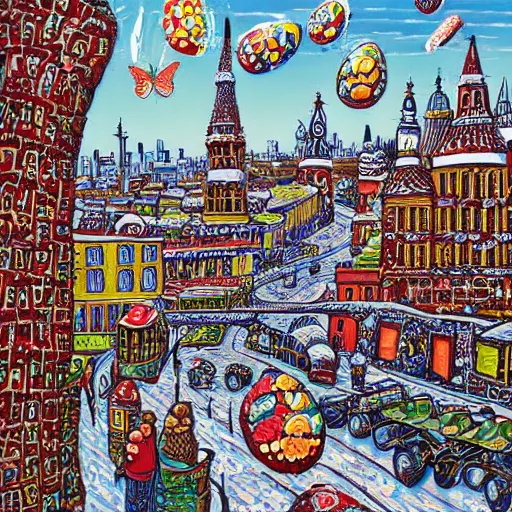 Prompt: by david bates ultradetailed. a print of a city made entirely out of kulich, a traditional russian easter bread. the city is bustling with activity. the print is playful & whimsical, with a touch of magic.