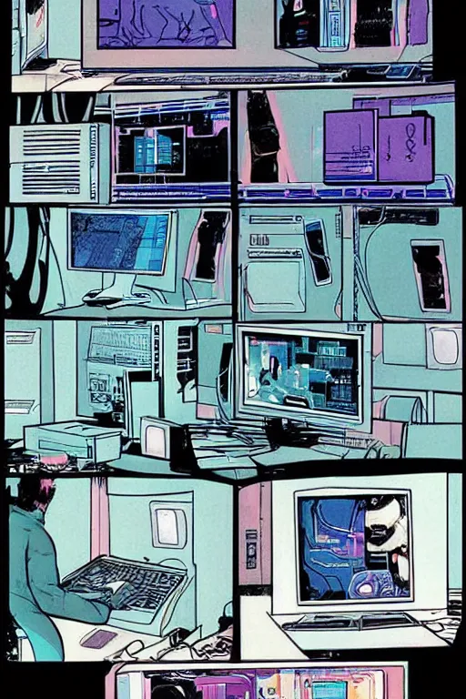 Image similar to a comic book illustration of an android interfacing with a computer console, the console is tall and imposing, there are many cables on the floor, bright screens, ghost in the shell, cyberpunk, neon colors, art by Moebius