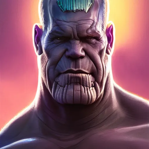 Prompt: josh brolin thanos closeup portrait, dramatic light, lake background, 2 0 0 mm focal length, painted by stanley lau, painted by greg rutkowski, painted by stanley artgerm, digital art, trending on artstation