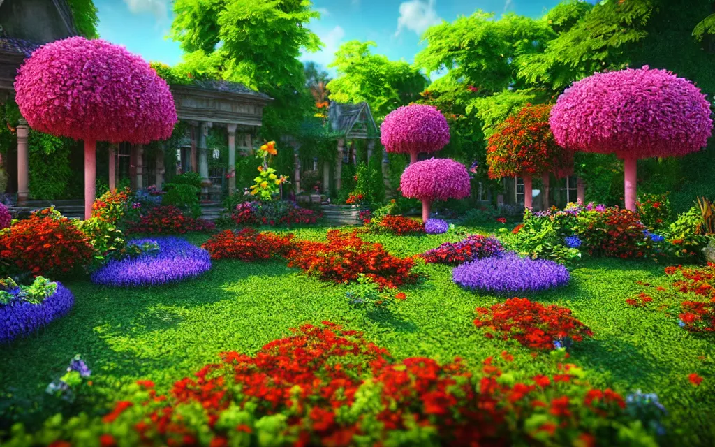 Image similar to a sprawling garden with many flowers and vines, sunny day, beautiful lighting, vivid colors!, highly detailed, cinematic, octane render, 4 k, trending on artstation, deviantart featured