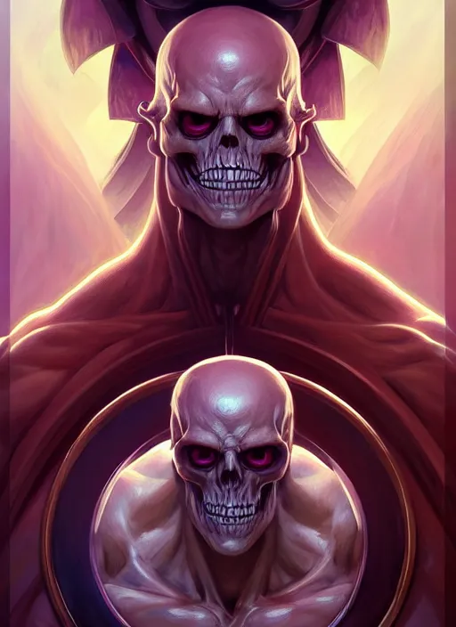 Image similar to symmetry! portrait of skeletor, d & d, muscular! fantasy, intricate, elegant, highly detailed, digital painting, artstation, concept art, smooth, sharp focus, illustration, art by artgerm and greg rutkowski and alphonse mucha