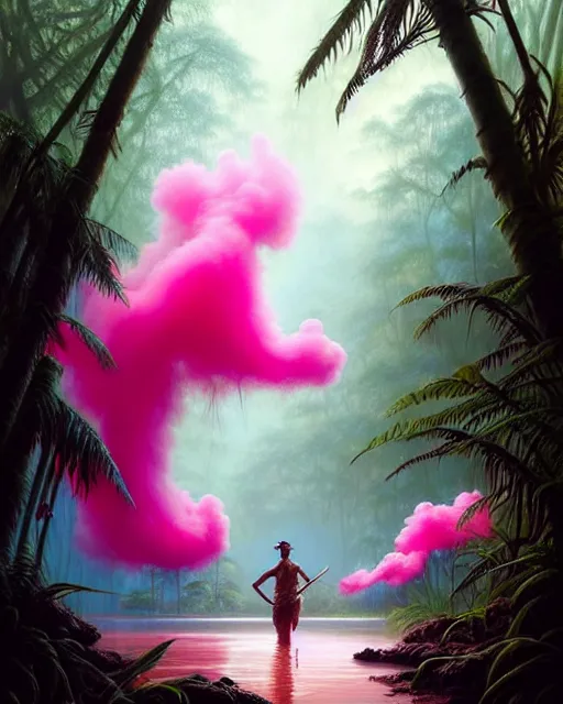 Image similar to a hyper - detailed 3 d render like an oil painting of tribe member portrait in a tropical forest with pink smoke!!!!! surreal concept art, lifelike, photorealistic, digital painting, aesthetic, smooth, sharp focus, artstation hd, by greg rutkowski, bruce pennington, valentina remenar, rhads, asher duran,