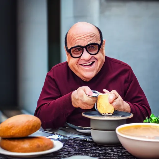 Prompt: danny devito eating soup ( sony a 7 r iv, symmetric balance, polarizing filter, photolab, lightroom, 4 k, dolby vision, photography awardm, voque, perfect face )