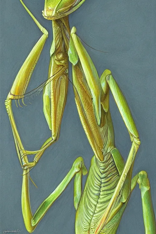 Prompt: portrait of a praying mantis alien, by giancola, very detailed art, elegant, sophisticated, high resolution, smooth