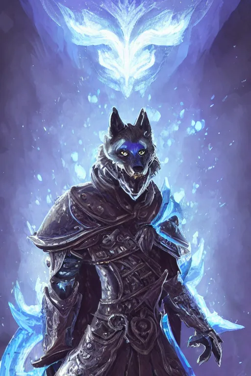 Image similar to anthropomorphic Azure wolf knight, DnD character art portrait, fantasy battleground, raining, blue flame, oil painting, heroic pose, magic the gathering artwork, D&D, fantasy, cinematic lighting, centered, symmetrical, highly detailed, digital painting, artstation, concept art, chromatic aberration, post processing, smooth, sharp focus, illustration, volumetric lighting, epic Composition, 8k, art, DeviantArt, trending on Artstation, Jason Felix, Steve Argyle, Tyler Jacobson, Peter Mohrbacher, Akihiko Yoshida, Greg Rutkowski, Craig Mullins, Frank Frazetta, cinematic lighting