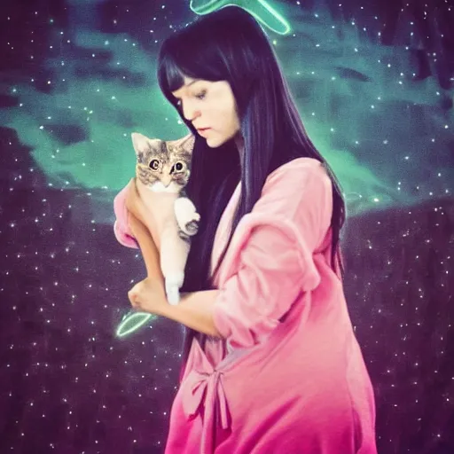 Image similar to a woman with long dark hair holding a cat in her arm standing on steps in a field at night, a hologram by kusama, instagram, optical illusion, full body, ultra hd, neon, pexels contest winner, high quality photo, rtx, hd, shiny eyes, a renaissance painting by sailor moon, anime, anime aesthetic