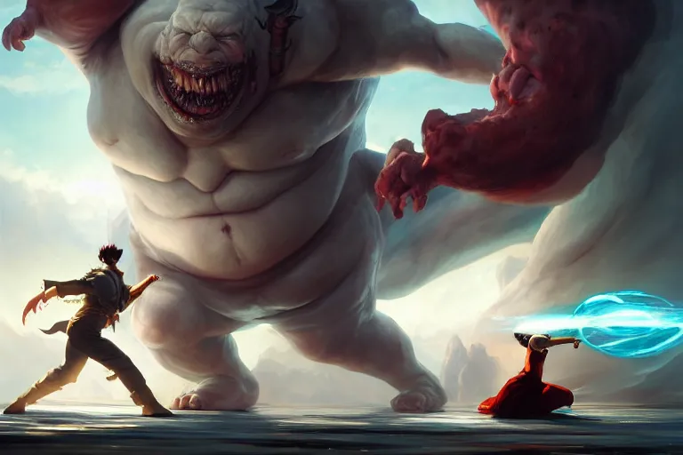 Image similar to a dynamic painting of a sorcerer fighting a gigantic white fat monster, obese monstrosity fight by charlie bowater, artgerm, ilya kuvshinov, krenz cushart, ruan jia, realism, ultra detailed, 8 k resolution