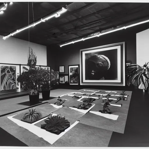 Image similar to A black and white photography of an exhibition space with works of Sun Ra, Marcel Duchamp and tropical plants, 60s, offset lithography print