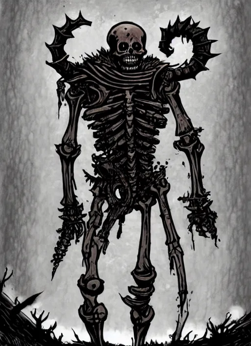 Image similar to concept art of a fragile twisted skeleton warrior with no armor in darkest dungeon, highly detailed, dark atmosphere, cosmic horror, body horror, lovecraft mythos, key character poster