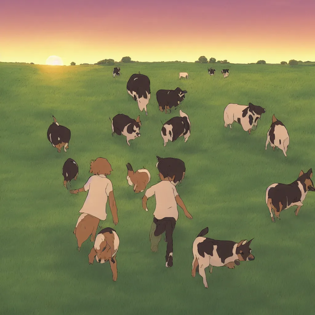 Prompt: shadow of boy and girl embracing with corgis running around them while facing landscape of cows with a sunset in the background studio ghibli art style, digital art, highly detailed, illustration, artstation, smooth, sharp focus - n 9