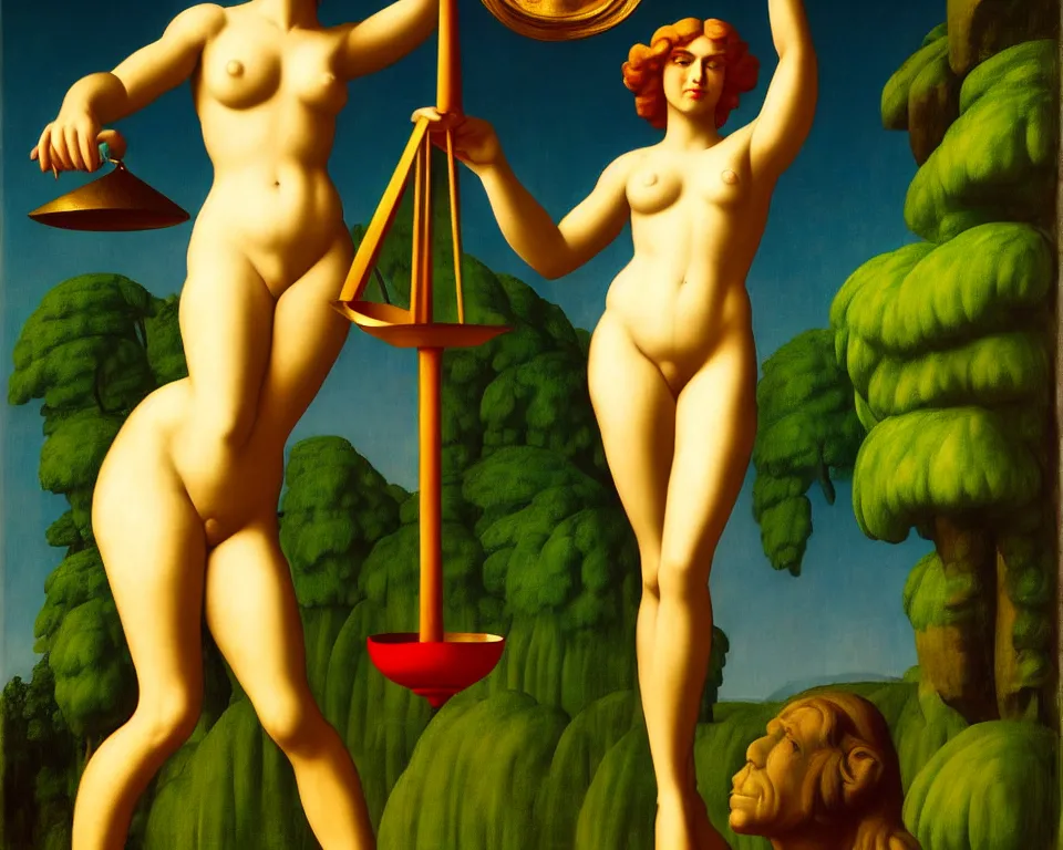 Image similar to lady justice in the jungle by raphael, hopper, and rene magritte. detailed, romantic, enchanting, trending on artstation.