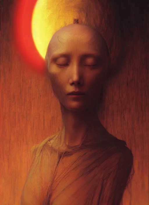 Image similar to Woman masterpiece, red, golden halo behind her head, red wires wrap around, by Edgar Maxence and Ross Tran, Zdzisław Beksiński, and Michael Whelan, distant, gustav dore, H.R. Giger, 8k, octane render