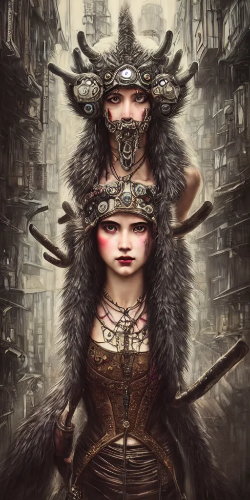 Prompt: hyper realistic Princess Mononoke, ornate mask, wet market street, rainy atmosphere, full moon, cyberpunk metropolis, city landscape, jewels, full body pose, wolves, style of tom bagshaw, mucha, james gurney, norman rockwell, denoised, sharp