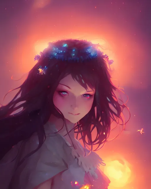 Image similar to goddess of the night surrounded by fireflies, wide angle view, cushart krenz, very detailed, realistic face, detailed face, matte, tonemapping, perfection, 4 k