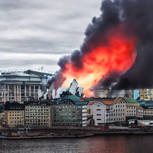 Image similar to oslo operahus getting bombed by terrorist, 8k , realistic, cloudy day,