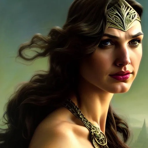 Image similar to head and shoulders Portrait of Gal Gadot as Sylvanas, dark fantasy, medium shot, intricate, elegant, highly detailed, digital painting, volumetric light, artstation, concept art, smooth, sharp focus, illustration, art by Gil Elvgren and Greg Rutkowski and Alphonse Mucha