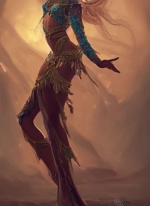 Image similar to a highly detailed illustration of an elegant elf arabian dancer, gracefully belly dancing pose, waving arms, high fantasy, intricate, elegant, highly detailed, centered, digital painting, artstation, concept art, smooth, sharp focus, league of legends concept art, WLOP