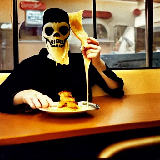 Prompt: A photo of the Grim Reaper enjoying pancakes in a 1950s diner, award-winning photography, by Saul Leiter
