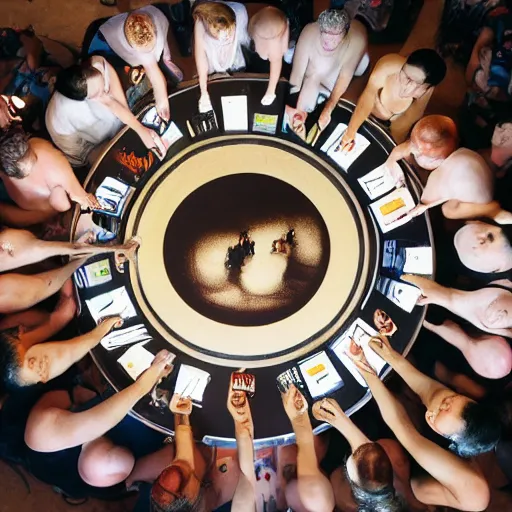 Image similar to A beautiful body art of a group of people standing around a circular table. In the center of the table is a large, open book. The people in the body art are looking at the book with interest and appear to be discussing its contents. obsidian by Edward Steichen, by Scott Listfield neat