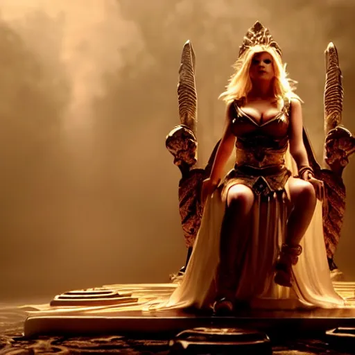 Prompt: cinematic scene with elisha cuthbert on a majestic throne as the goddess of war, dramatic, small details, volumetric lighting, still frame