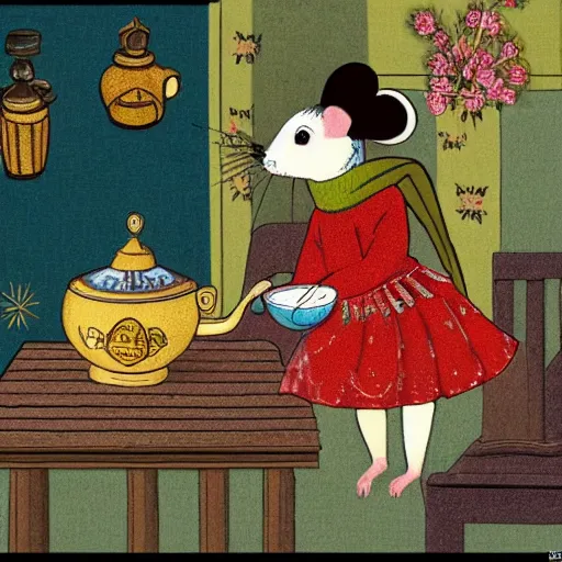 Image similar to russian mouse drinks tea from samovar with her little children, children book illustration, 9 k