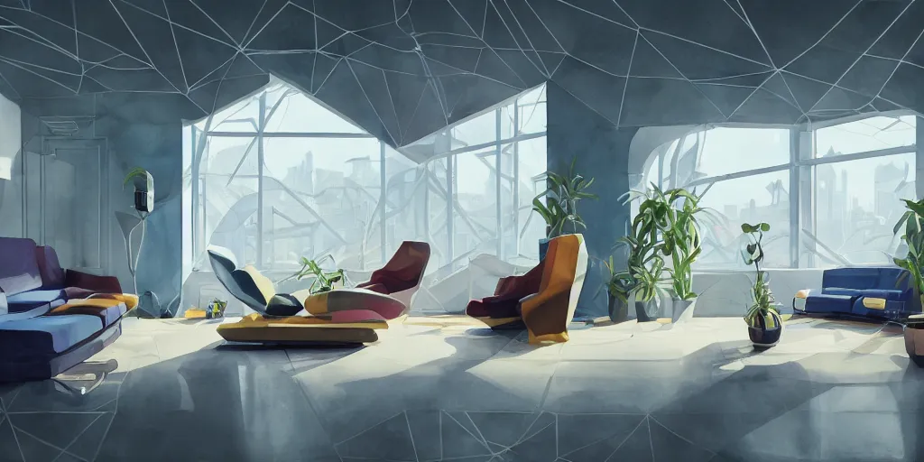 Image similar to a beautiful illustration of futuristic interior studio, lots of furniture, sofa, waiting room, big medium small, sacred geometry, golden ratio, in watercolor gouache detailed paintings, in style of syd mead, trending on artstation, 8 k, panel, hard surface, wallpaper, zaha hadid, scattered props, plant, cozy, decoration, simon stalenhag, deus ex