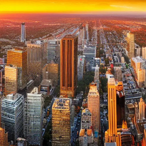 Image similar to Super High Detailed Panoramic photo-realistic of all the Major Cities in the United States at Sunset, Partly Cloudy, Excellent Lighting, in Autumn 8k