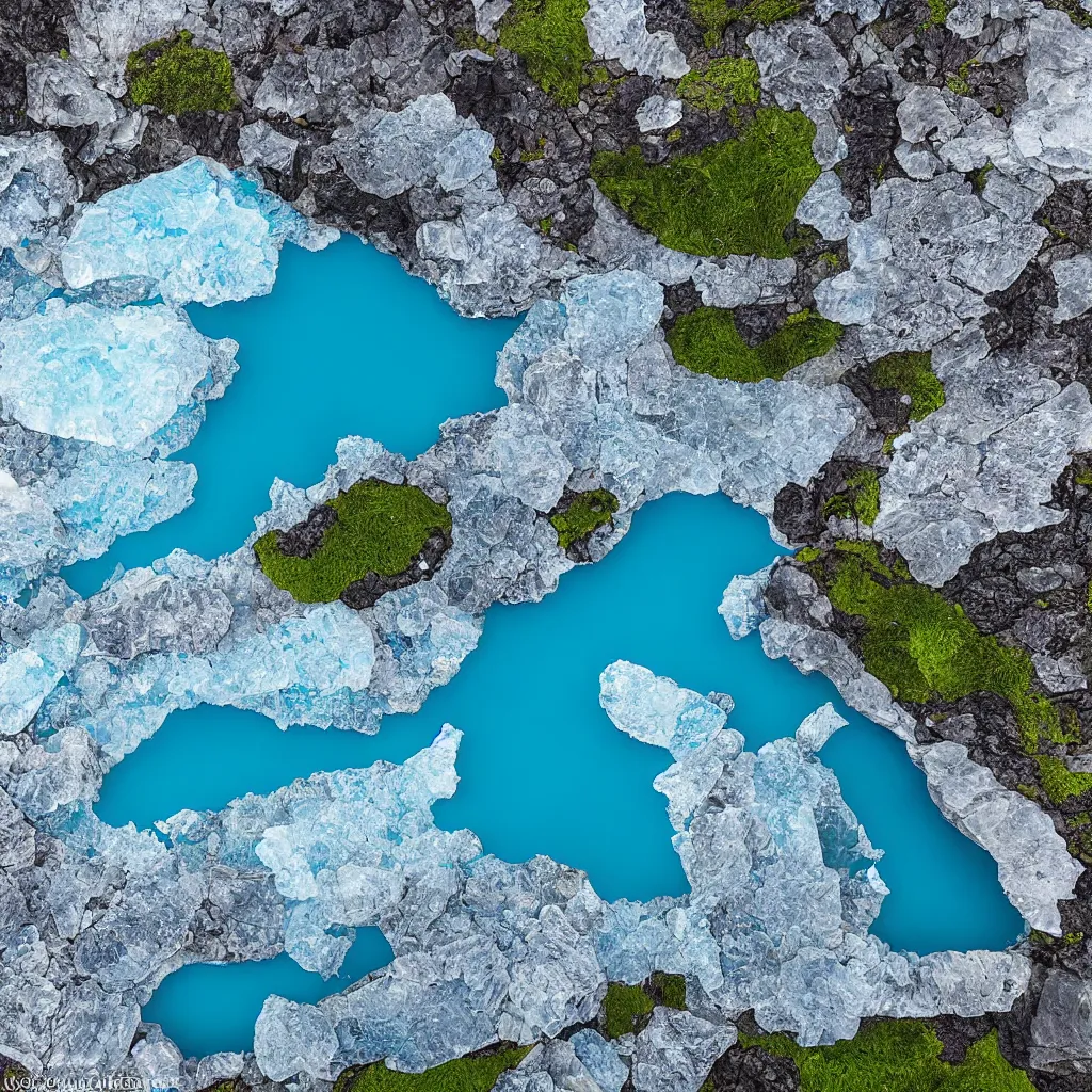 Image similar to bright blue pools of water surrounded by large facetted slabs of obsidian, patches of green moss, icy glaciers, Iceland, birds eye view