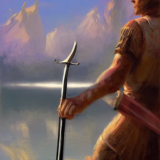 Prompt: digital painting of a hand holding a sword coming out of a lake by james gurney, craig mullins