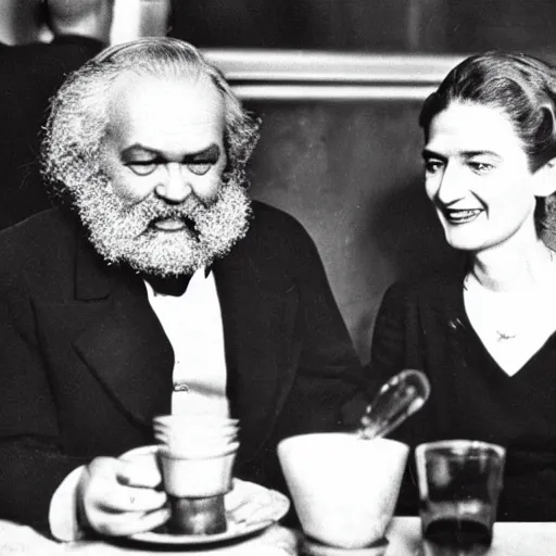 Prompt: Karl Marx und Ayn Rand laughing, photo 1960, Restaurant backround