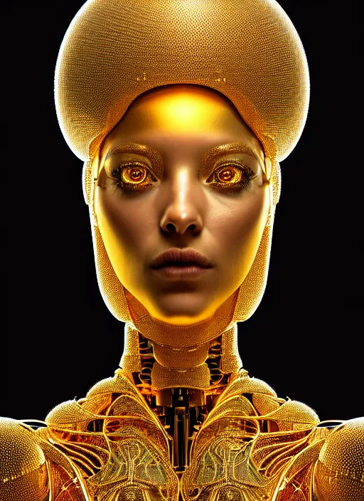 Image similar to portrait of an absurdly beautiful, graceful, sophisticated, fashionable futuristic female golden robot with human eyes and two heads, glowing internal warm light, hyperdetailed illustration by irakli nadar and alexandre ferra, intricate linework, faberge, intricate gold headdress, dark atmosphere, unreal engine 5 highly rendered, global illumination, radiant light, detailed and intricate environment