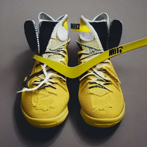 Image similar to a studio photoshoot of Nike Off-white Lebron sneakers designed by Virgil Abloh, knitted mesh material, gum rubber outsole, realistic, color film photography by Tlyer Mitchell, 35 mm, Graflex