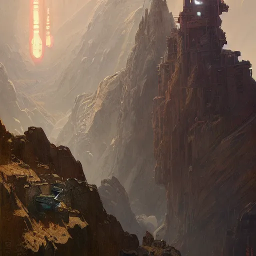 Image similar to A satisfactory factory built into a cliff, sci-fi art by greg rutkowski and alphonse mucha, highly detailed, digital painting, matte painting, concept art, illustration, oppressive lighting, trending on artstation, very detailed