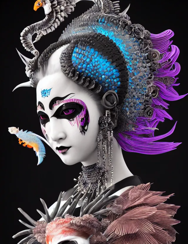 Image similar to 3 d goddess close - up profile portrait punk with mohawk with ram skull. beautiful intricately detailed japanese crow kitsune mask and clasical japanese kimono. betta fish, jellyfish phoenix, bio luminescent, plasma, ice, water, wind, creature, artwork by tooth wu and wlop and beeple and greg rutkowski