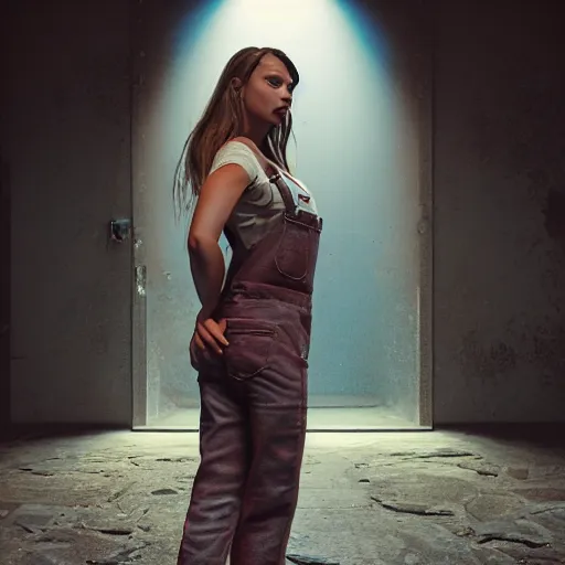 Image similar to full body pose, hyperrealistic photograph of a beautiful girl, overalls, dim volumetric lighting, 8 k, octane beautifully detailed render, extremely hyper detailed, intricate, epic composition, cinematic lighting, masterpiece, trending on artstation, very very detailed, stunning, hdr, smooth, sharp focus, high resolution, award, winning photo, dslr, 5 0 mm